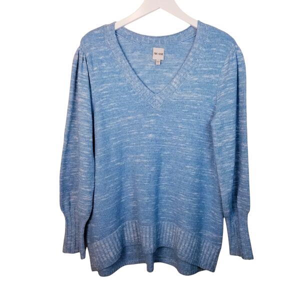 NIC + ZOE Blue Space Dye Mini-Puff Sleeve Deep V-neck Sweater Size L - Picture 1 of 6